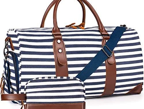 Oflamn 21" Weekender Bags Canvas Leather Duffle Bag Overnight Travel Carry On Tote Bag with Luggage Sleeve (Blue/White Striped)