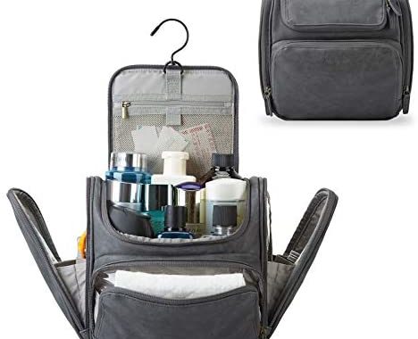 Toiletry Bag, BAGSMART Travel Dopp Kit with Hanging Hook, Large Travel Kit Leather Water-resistant for Full Sized Container, Toiletries, Cosmetics, Shaving (Grey)