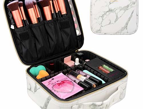 Chomeiu Marble Makeup Case, Marble Cosmetic Bag Marble Makeup Bag Waterproof for Cosmetics Tools with Adjustable Dividers (Marble)
