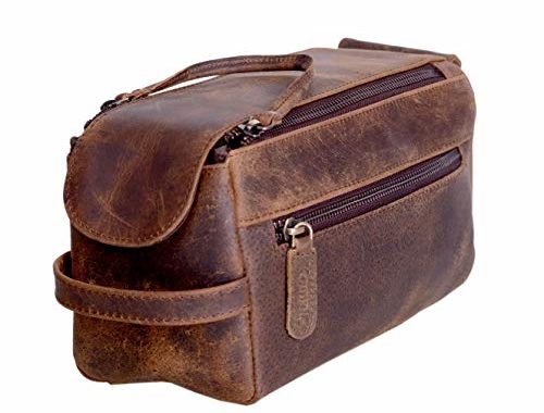 KOMALC Genuine Buffalo Leather Unisex Toiletry Bag Travel Dopp Kit (Distressed Tan)