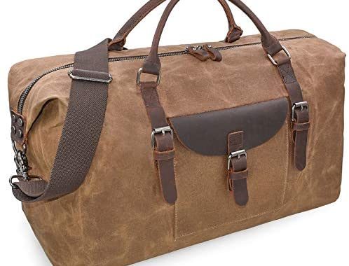 Oversized Travel Duffel Bag Waterproof Canvas Genuine Leather Weekend bag Weekender Overnight Carryon Hand Bag Brown