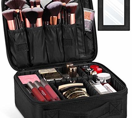 Syntus Travel Makeup Bag with Mirror, Portable Train Cosmetic Case Organizer with Adjustable Dividers Large Capacity for Cosmetic Makeup Brushes Toiletry Jewelry Digital Accessories, Black