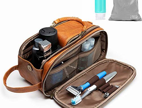 Toiletry Bag for Men or Women - Dopp Kit For Travel. Large Cosmetic and Shaving Bag. Toiletries Organizer PU Leather Bags (Standard, Brown)